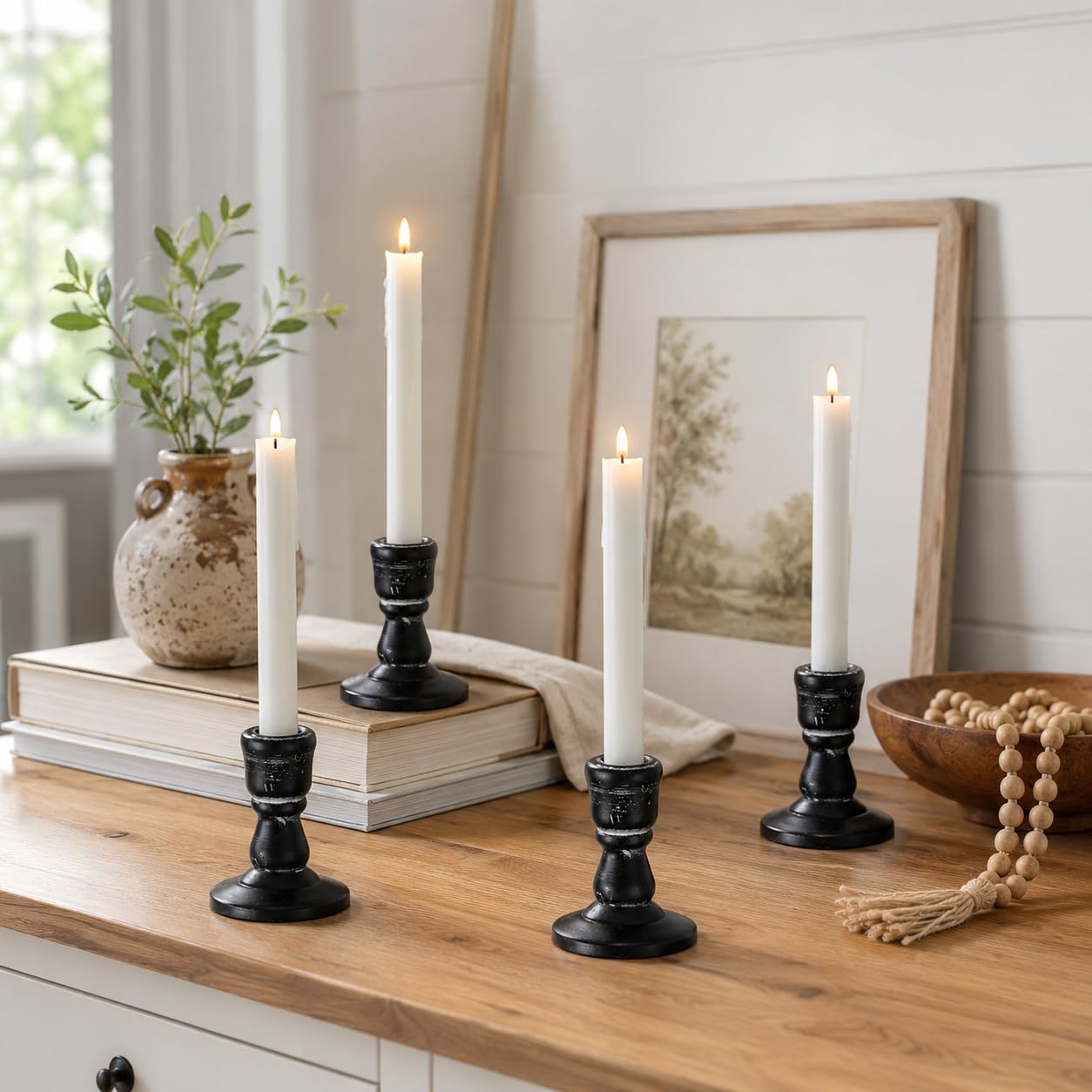 Wooden Taper Candle Holders: Wood Candlestick Holders Rustic Farmhouse Fall Decor for Living Room Dinning Table Centerpiece Christmas Set of 4 Black — image 1
