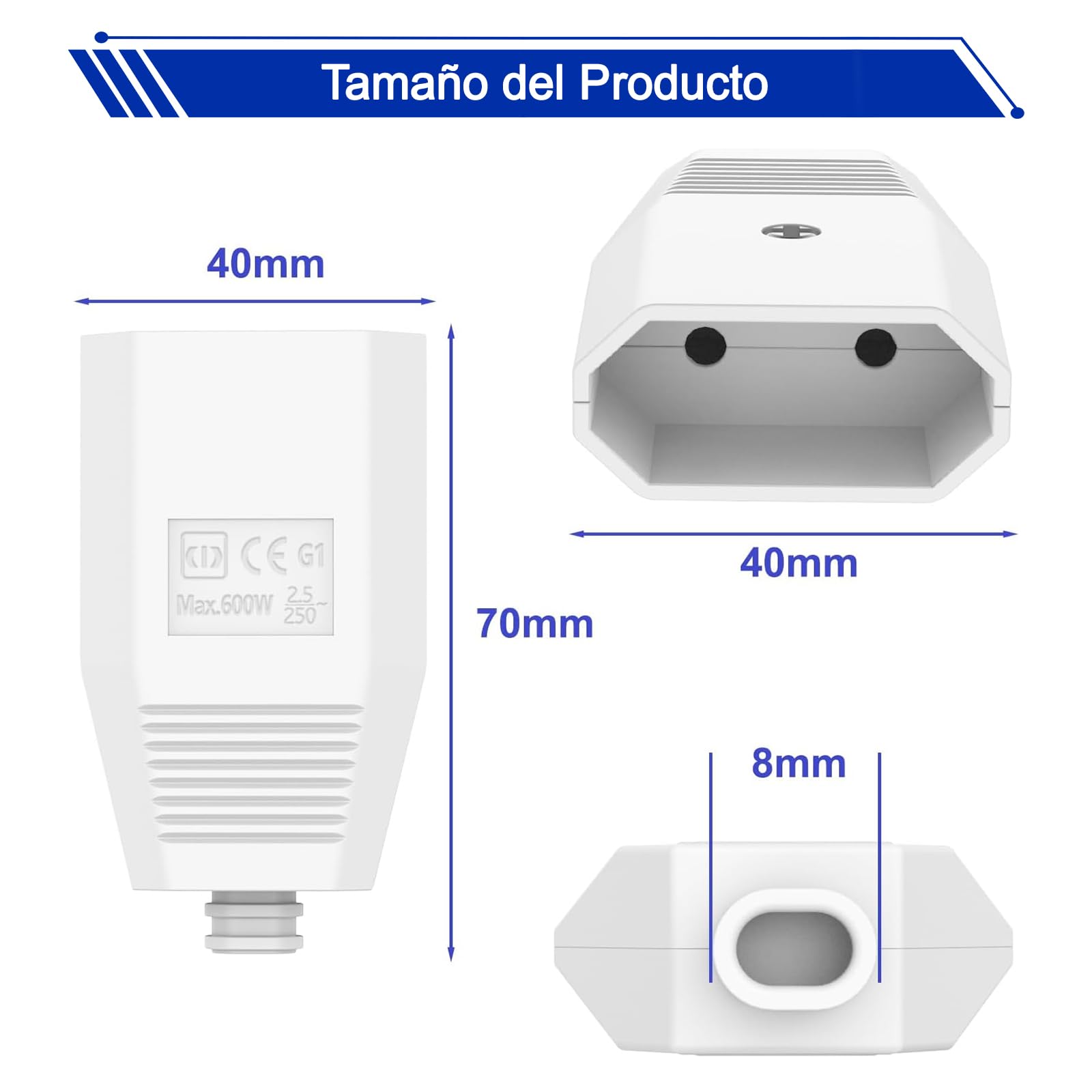 4 conectores europeos, planos, 250 V, IP20, de goma, color para enchufe Schuko, con protección contra torceduras, enchufes planos Schuko, enchufe plano de protección de contacto (4, blanco)