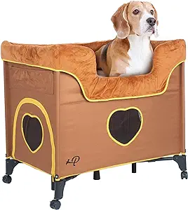Petique Bedside Lounge Pet Bed, Bunk Bed for Medium Size Pets, Raised Lounge Bed for Cats & Dogs, Lion’s Den Design,Brown, 39.0"L x 22.5"W x 33.5"Th