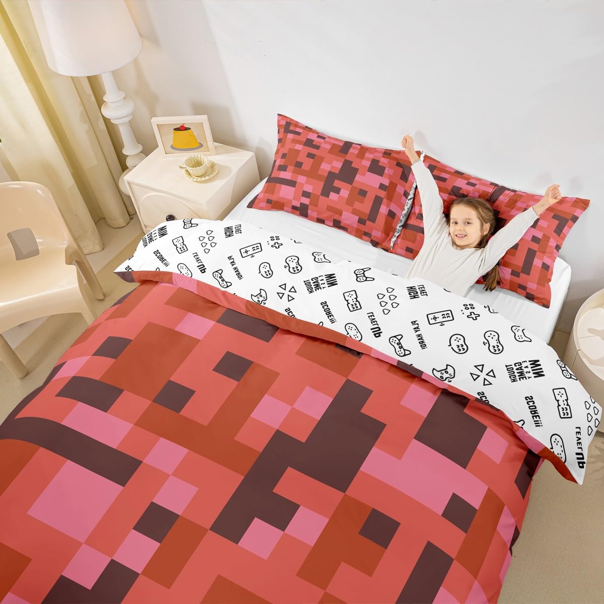 Pixelated Miners Gamer Kids Bedding Set Super King Size,Camo Geometric Check Duvet Cover Set，Reversible Gamepad Video Games Quilt Cover,Red Brown,2 Pillowcases(No Comforter) — image 1