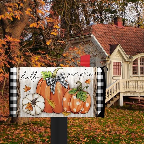 Image of Fall Hello Pumpkin Welcome Mailbox Cover Magnetic Standard Size 20.5 inch x 18 inch, Autumn Thanksgiving Decorative Post Letter Box Wrap Decor, Farmhouse Rustic Garden Yard Outdoor Decoration