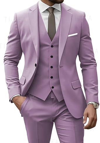 Mens 3 Piece Slim Fit One Button Mens Suit Jacket Solid Business Casual for Wedding Blazer Pants Vest Suit Set