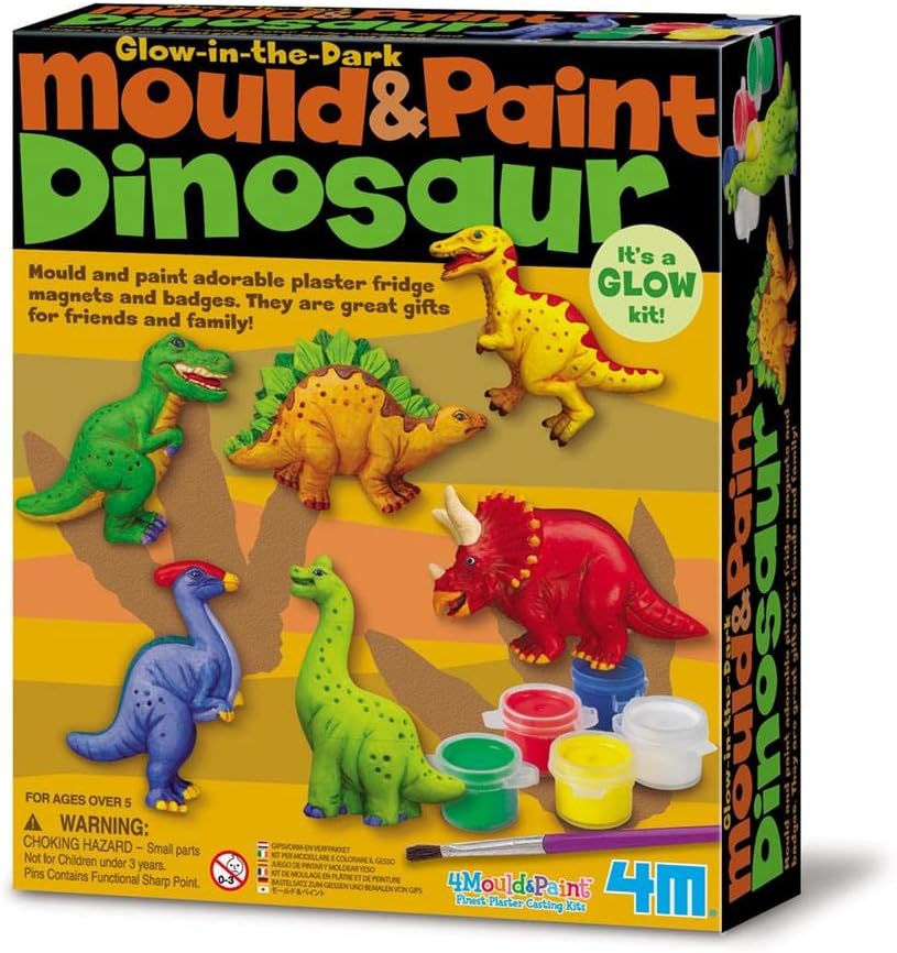 4M Mould & Paint Dinosaur Kit – DIY Plaster Cast Dinosaur Magnets & Badges for Kids Ages 5+ | Includes Glow, Paints, Magnets & Badge Pins | STEM Craft Activity Kit