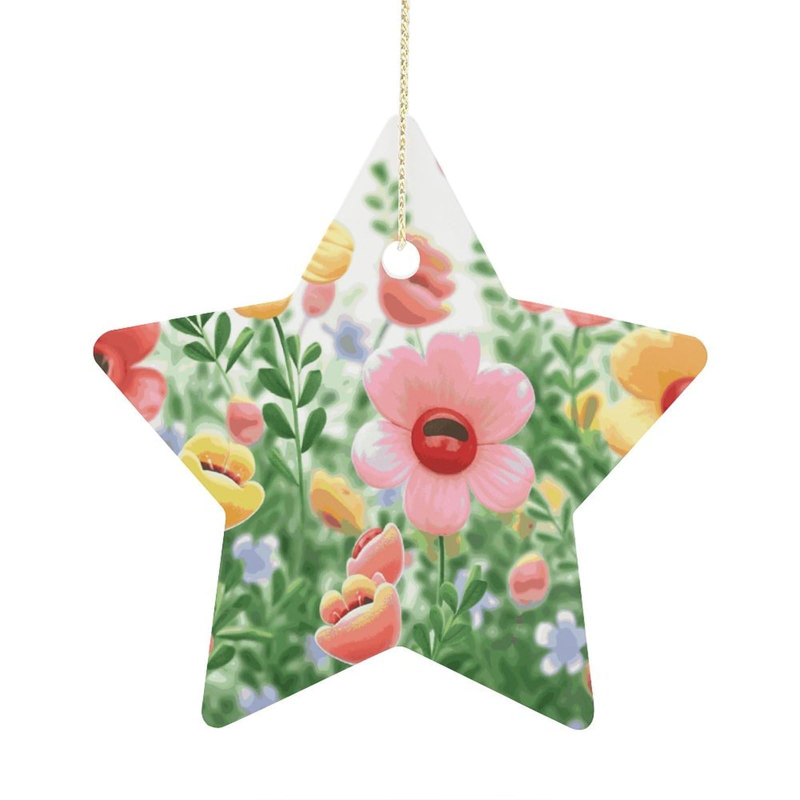 Happy Flower Stars Ornaments Ceramic Christmas Tree Hanging Light in Weight Christmas Star Pendants Funny Double-Sided Printed Xmas Ornaments for Gifts