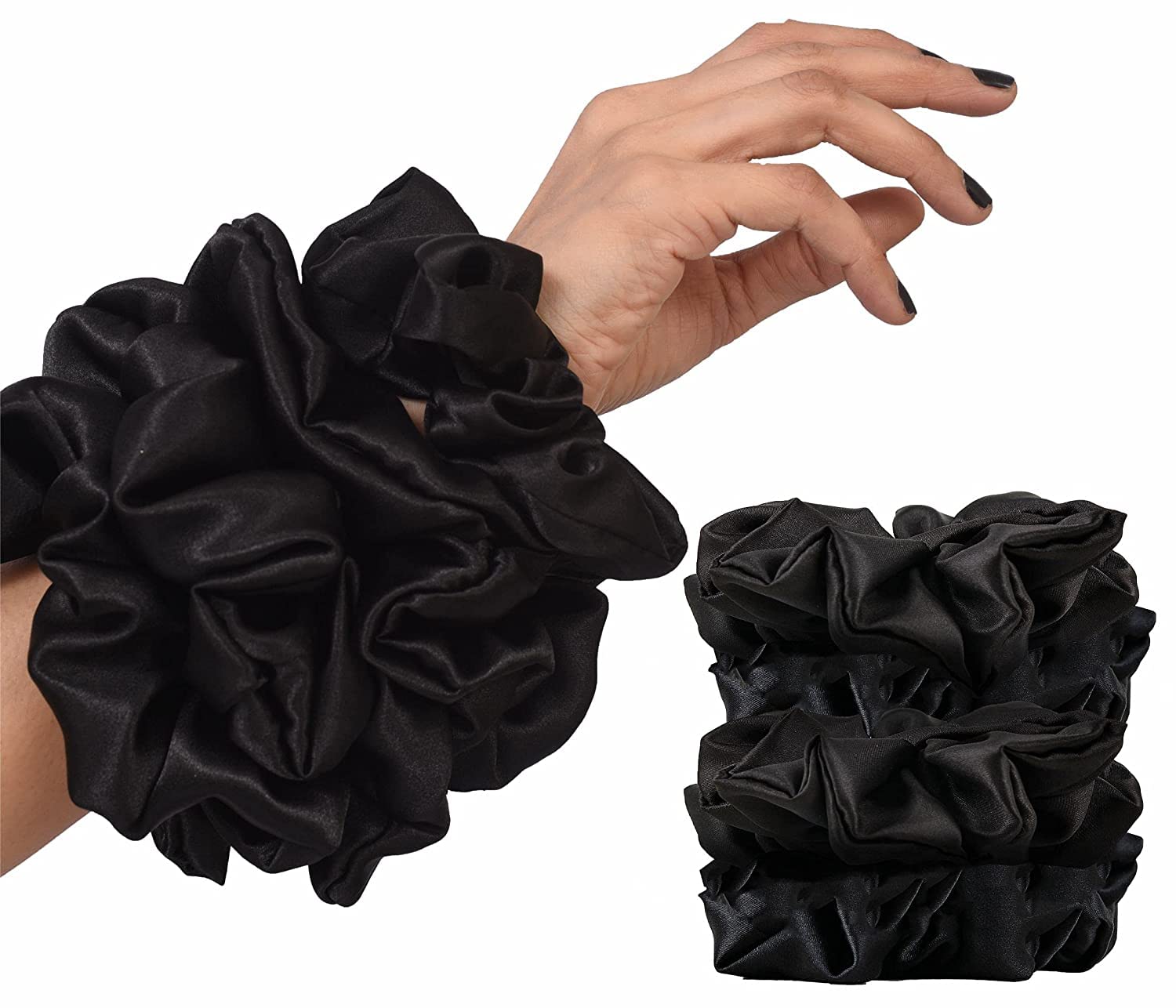 3Pc Big Scrunchies - Black Silk Satin Hair Ties for Thick Hair - Jumbo Scrunchies for Women, Girls, Lady, Children-image-29