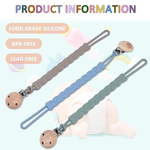 Miniatura 3 de Clip de silicona para chupete, paquete de 3 clips para chupete para niños y niñas, clips de soporte para chupete de una pieza, clips Binky para