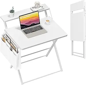 GreenForest Folding Desk for Small Spaces, 31.5 inch Foldable Table with Storage Bag, 2-Tier Portable Computer Desk with Monitor Stand for Home Bedroom, Pure White