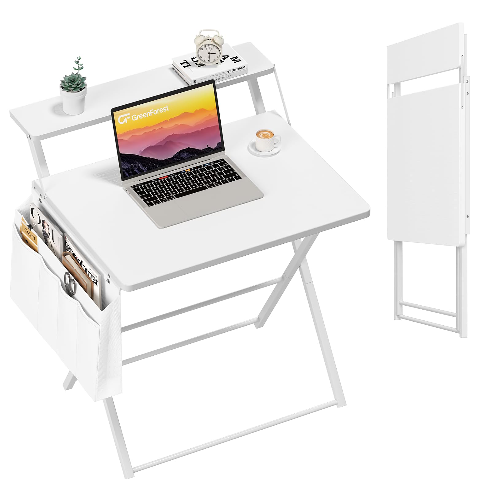 GreenForest Escritorio Plegable con Soporte de Monitor, 60cm Pequeño Mesa de Oficina con Gancho, Moderno Escritorio con Bolsa de Almacenamiento para Estudio, Blanco