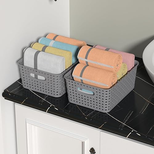 Miniatura 6 de Qqbine Cesta de almacenamiento tejida de plástico, contenedores organizadores de tejido de plástico, 6 paquetes