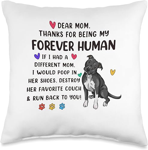 Funny Pit Bull Dog Pittie Lover Gifts Dog Mom Forever Human - Divertida almohada negra Pitbull Mama para el día de la madre, 16 x 16 pulgadas,