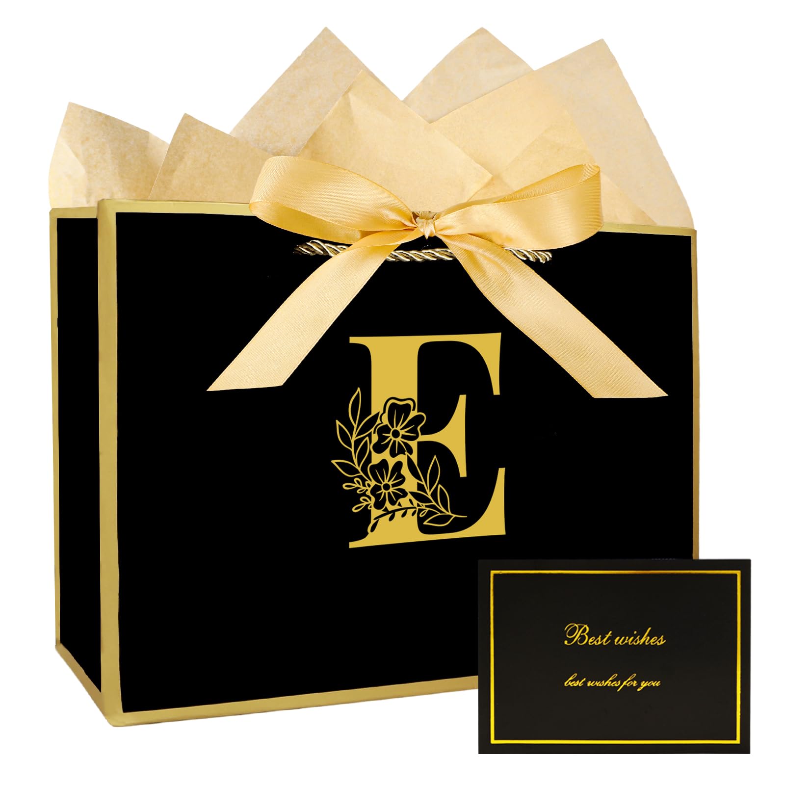 JEKUGOT Birthday Gift Bag for Men Women, Black Medium Gift Bags for Presents, Personalized Gifts Bags for Baby Shower, Weddings and Girls Birthday Party with Wrapping Paper and Card (Black E)