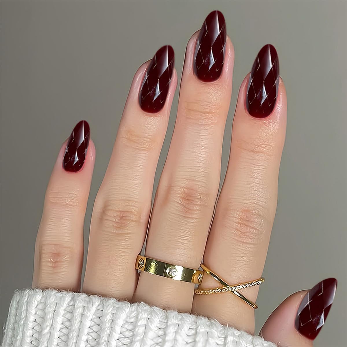 Almond Press on Nails Wine Red Fake Nails Solid Color Acrylic False Nails with 3D Rhombus Design Medium Length Glue on Nail Full Cover Reusable