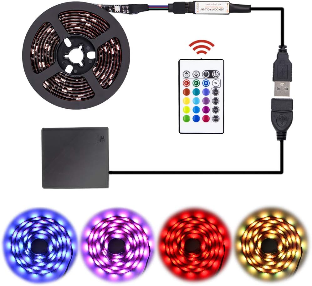 LED Strip Lights Battery Powered,USB Operated 2 in 1,party waterproof RGB Led Lights Strip, Flexible Led Strip Rope Lights with RF, Color Changing Lights for TV Backlight (RGB 24keys-2M/6.6FT) by XYOP