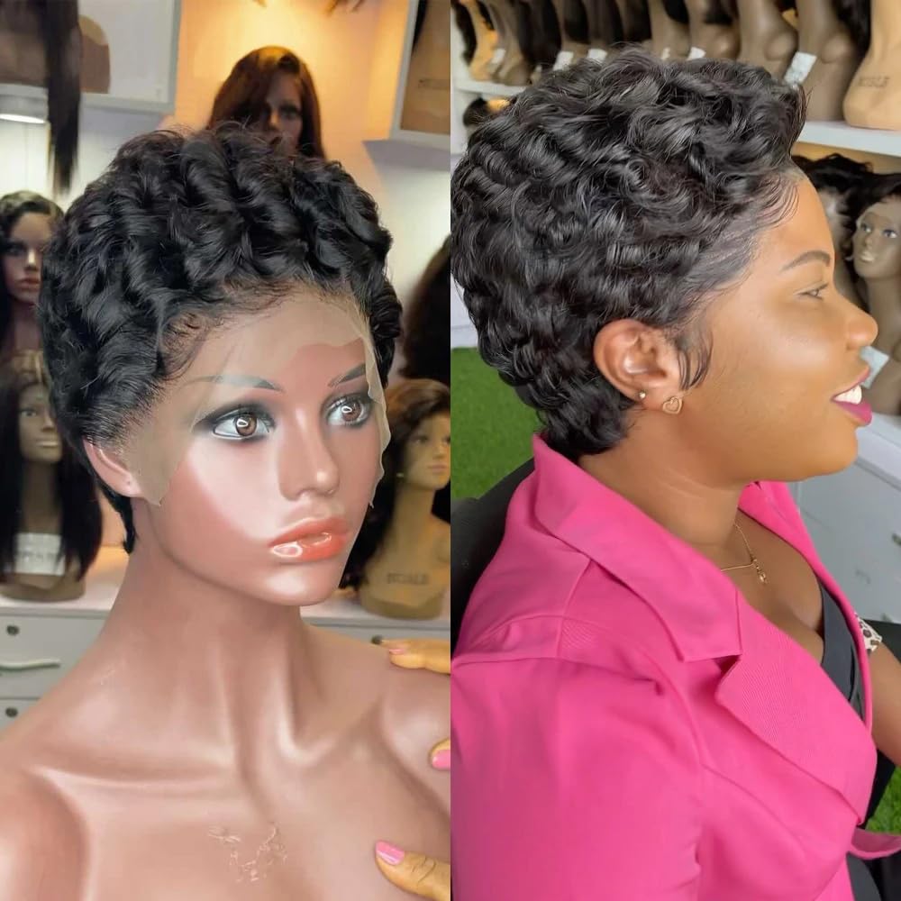 Pixie Cut Lace Frontal Wigs for Black Women13x4x1 T Part Lace Frontal Wig Brazilian Curly Wigs Virgin Human Hair Lace Front Wigs for Women Side Part Short Layered Pixie wigs (1b)