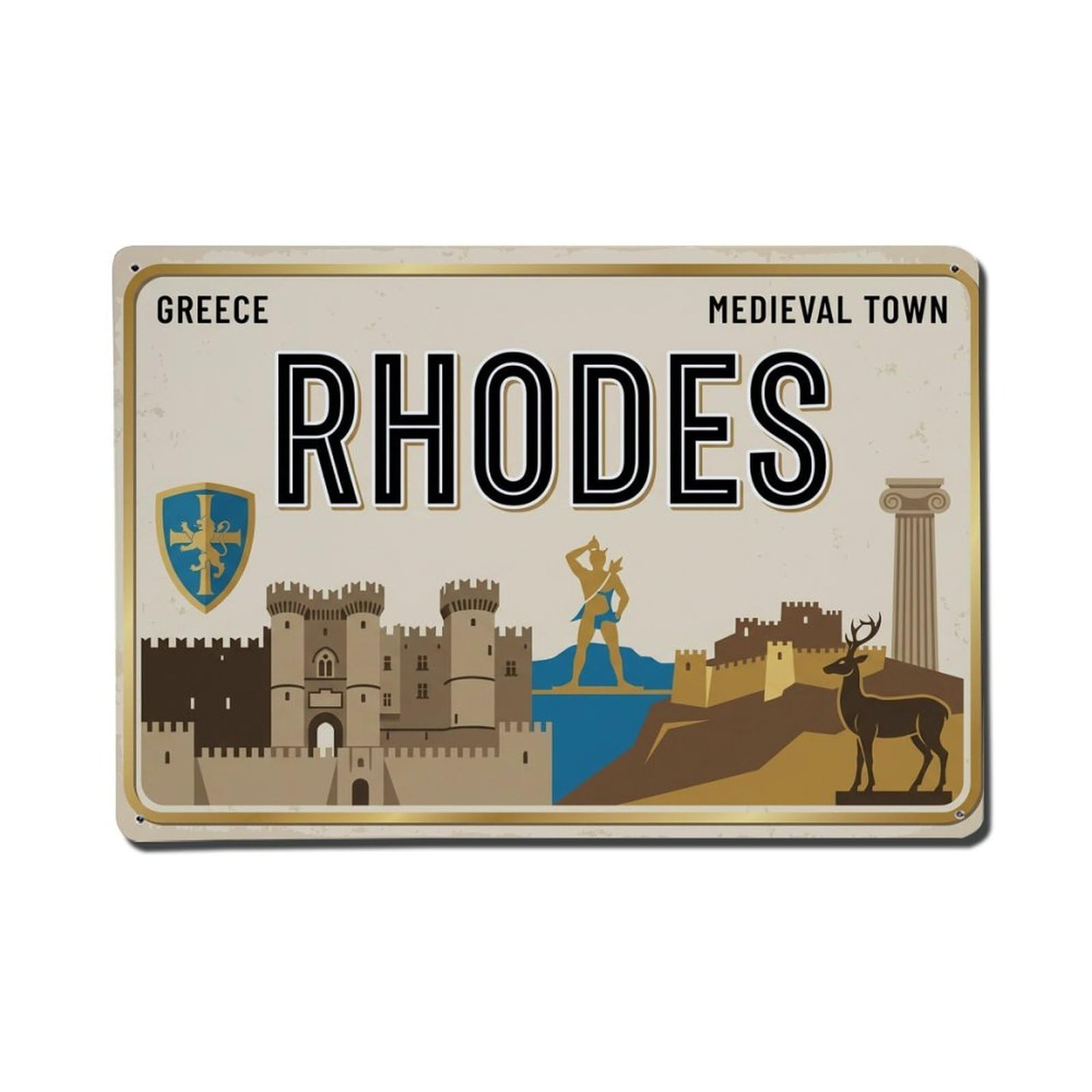 Cxhjca 8X12inch(20X30cm) Vintage Travel Rhodes Greece Medieval Castle Metal Tin Sign