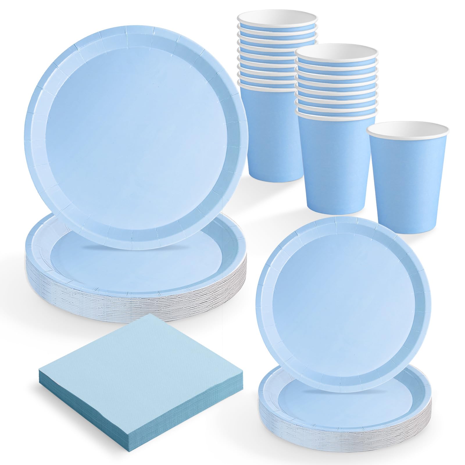 Set Vajilla Desechable Fiesta 20 Personas Azul Pastel - 114 piezas - Vasos Cartón 270 cc + Platos Cartón Ø17 y Ø20,5 cm + Servilletas Papel 25x25 cm - Menaje para Cumpleaños y Eventos