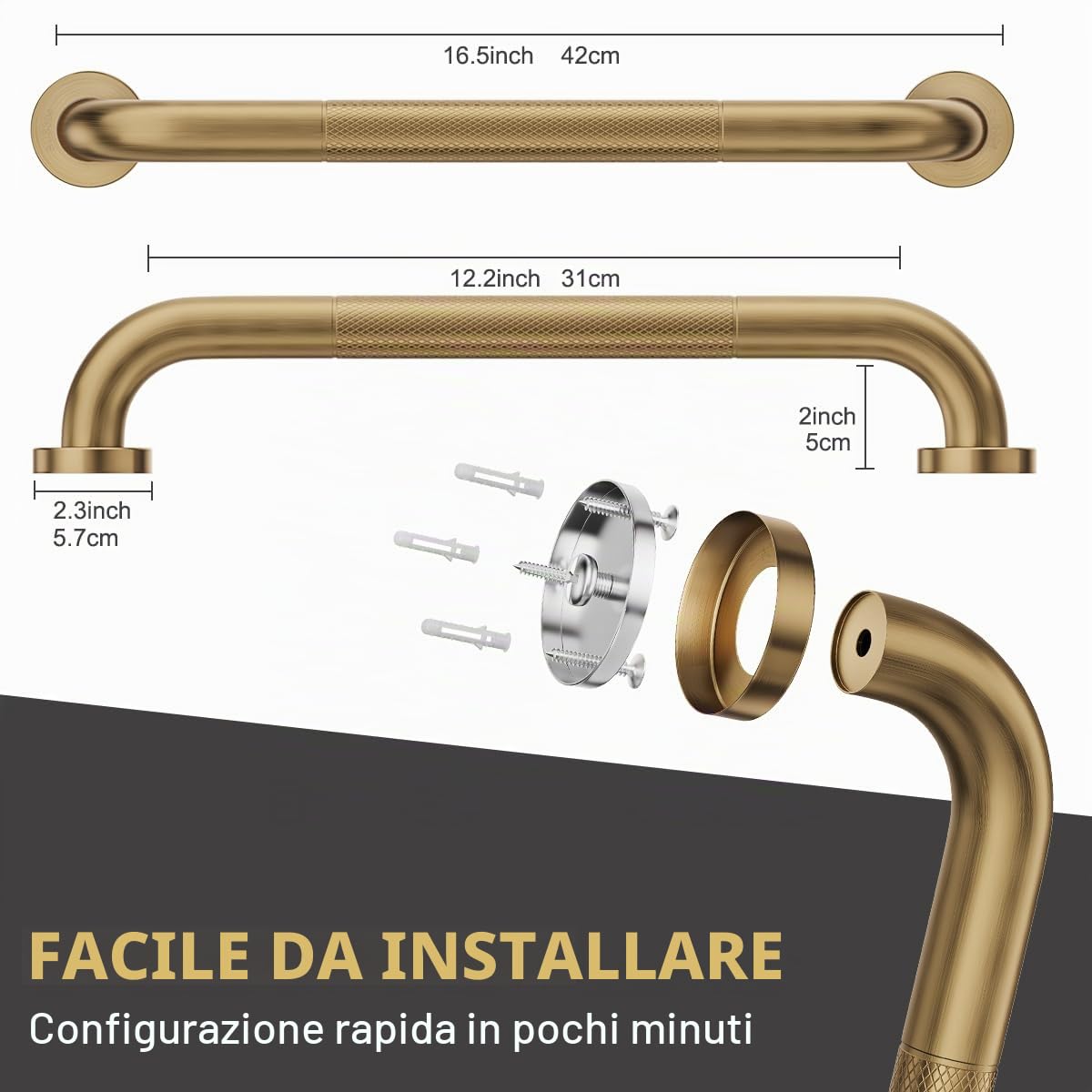 FANHAO 2 Pezzi Barra di Sostegno per Bagno, Antiscivolo in Acciaio Inox 304, Barra di Sicurezza e Supporto per Doccia, Vasca, Cucina, Camera da Letto, 41 cm