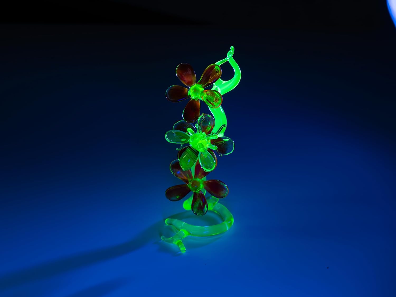 Handmade UV Glass Flower Sculpture with Bee Glows Under UV Light Lampwork Floral Art Figurine – Neon Green Amber Decorative Glass Art Collectible image 5