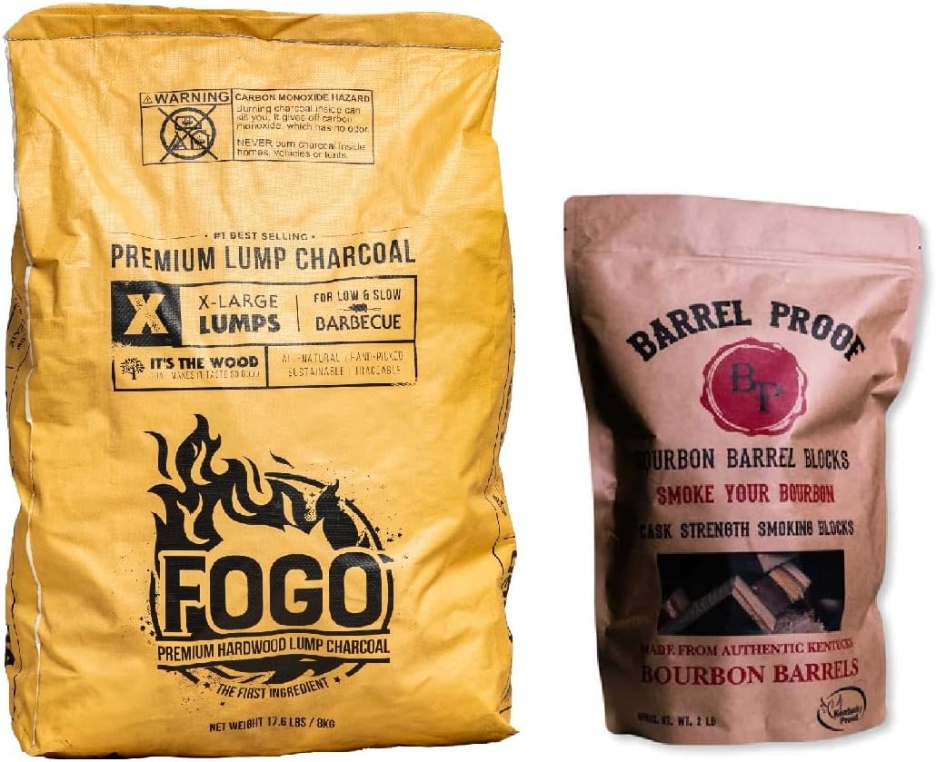 Premium Hardwood Lump Charcoal, Natural Large Sized Lump Charcoal, 17.6 Pound Bag and FOGO Barrel Proof Bourbon Barrel Blocks, 2 Pound Resealable Bag, Bundle