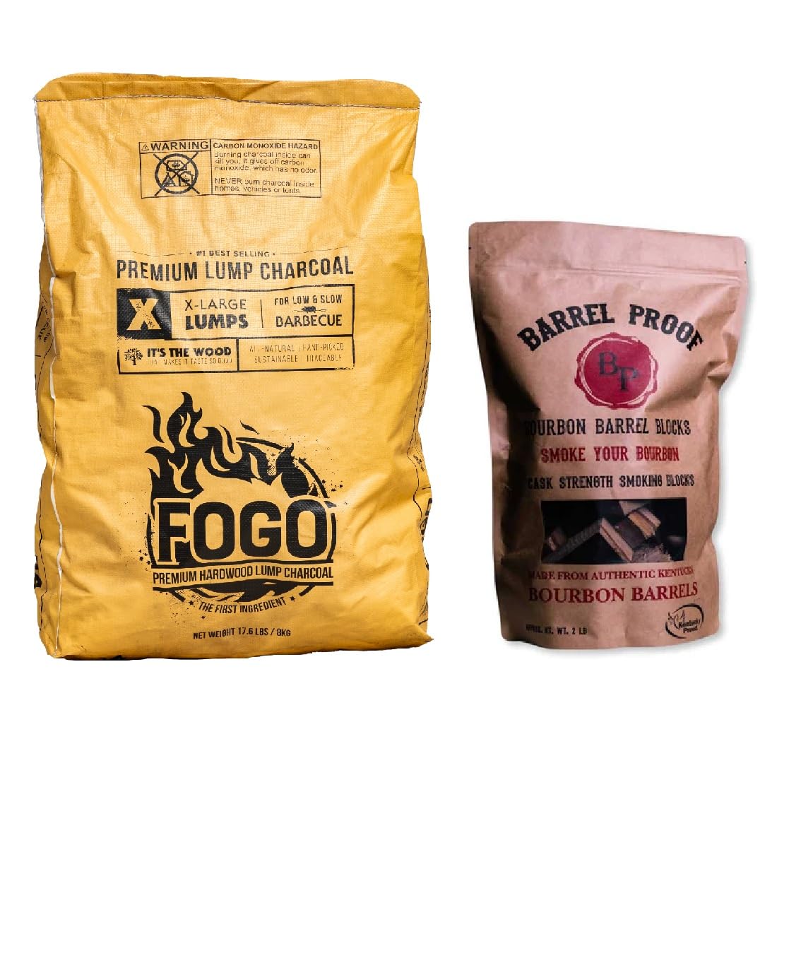 FOGO Super Premium Hardwood Lump Charcoal, Natural Large Sized Lump Charcoal, 17.6 Pound Bag and FOGO Barrel Proof Bourbon Barrel Blocks, 2 Pound Resealable Bag, Bundle