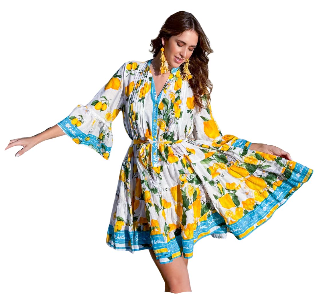 Antica Sartoria - Vestido Herculano 89 en Algodon Estampado, Cuello Mao y Abertura Delantera. Mangas 3/4, teminacion de Cenefa en Mangas y bajo. Talla Unica Muy Amplia