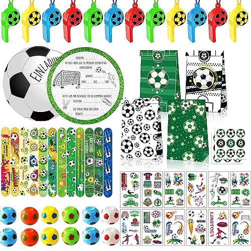zycBernoi Fußball Party Mitgebsel Kinder mit Fussball Einladungskarten, Geschenk Taschen, Schnapparmband, Pfeifen, Tattoo, Spinning-Fußball, Fußball-Party Deko für Kindergeburtstage