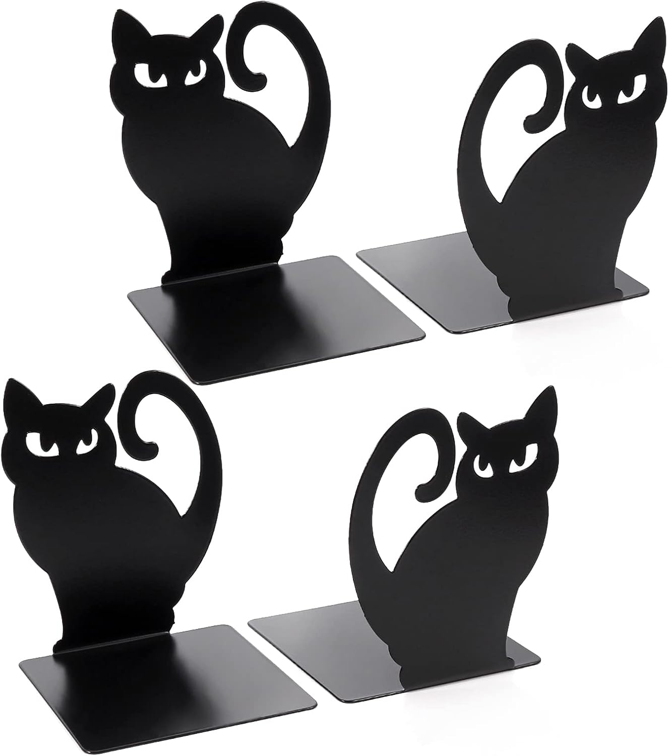 Coolnice Bookends, 2 Pair Black Steel Hollowedout Cat Shape bookends