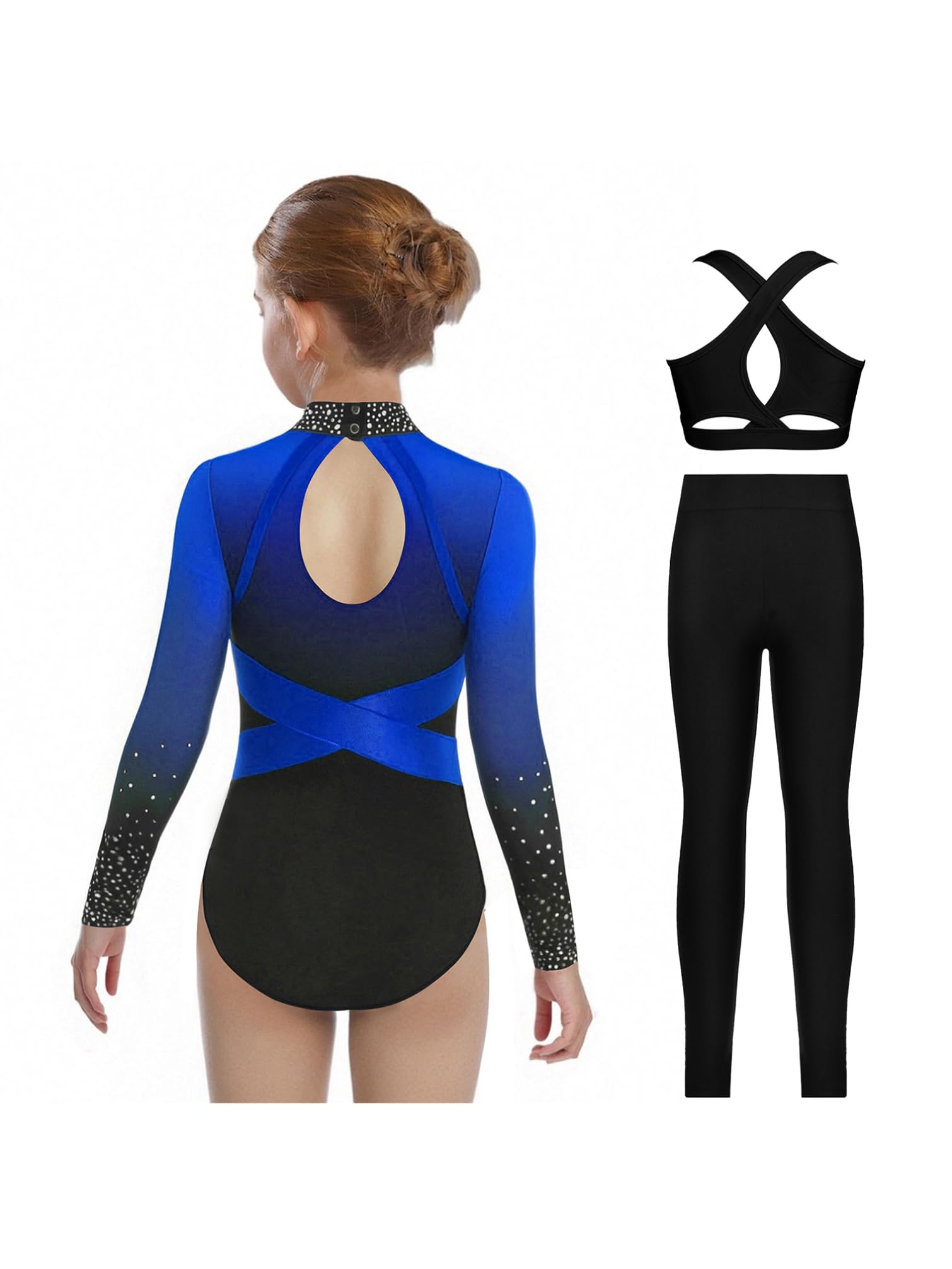 TiaoBug Maillot Brillante De Danza Ballet Niña Leotardo Gimnasia Ritmica Mangas Larga + Pantlones Con Cintura Elastico Body Deportivo Yoga Fitness