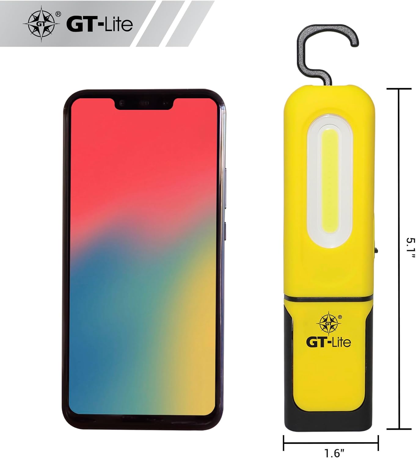 GT-Lite 2 Pack LED Rechargeable Work Light - 600 Lumen Flashlight, 6ft Cable, Hanging Hook, Magnetic Base, Kickstand, 3 Settings: High/Low/Flash, Emergency & Camping Light (2)