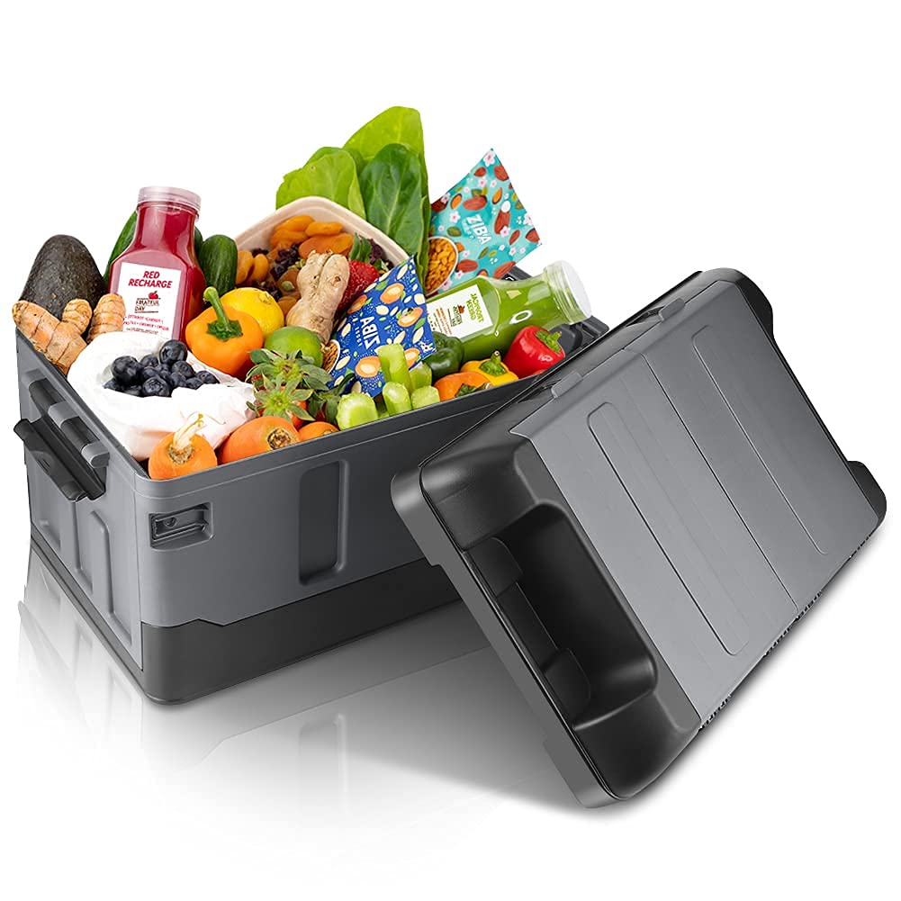 45L Caja de Almacenamiento de Maletero Coche, Organizador Maletero Coche con Cubierta Caja de almacenamiento de plástico plegable para coche para viaje pescar cámping 47 x29 x 29cm(Negro mate)