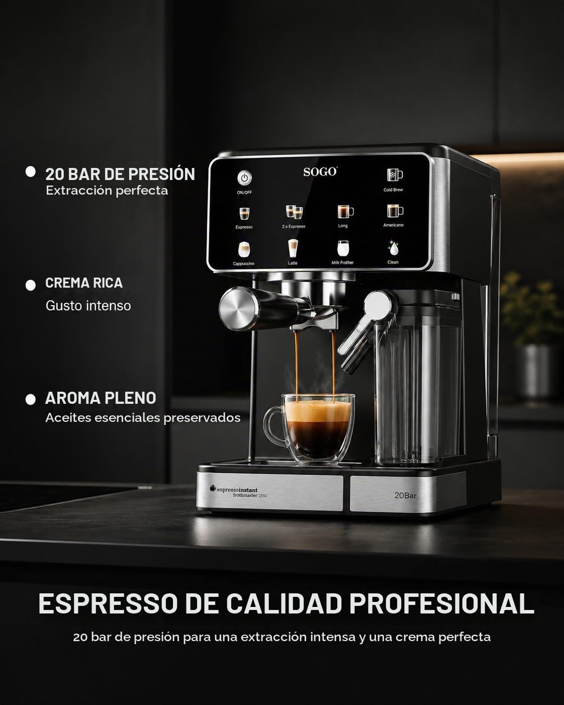SOGO Cafetera Espresso 4 en 1 con Espumador de Leche y Panel Táctil – 20 Bar, Compatible Nespresso® y Café Molido, Depósito 1.5 L, 1350 W, Negro