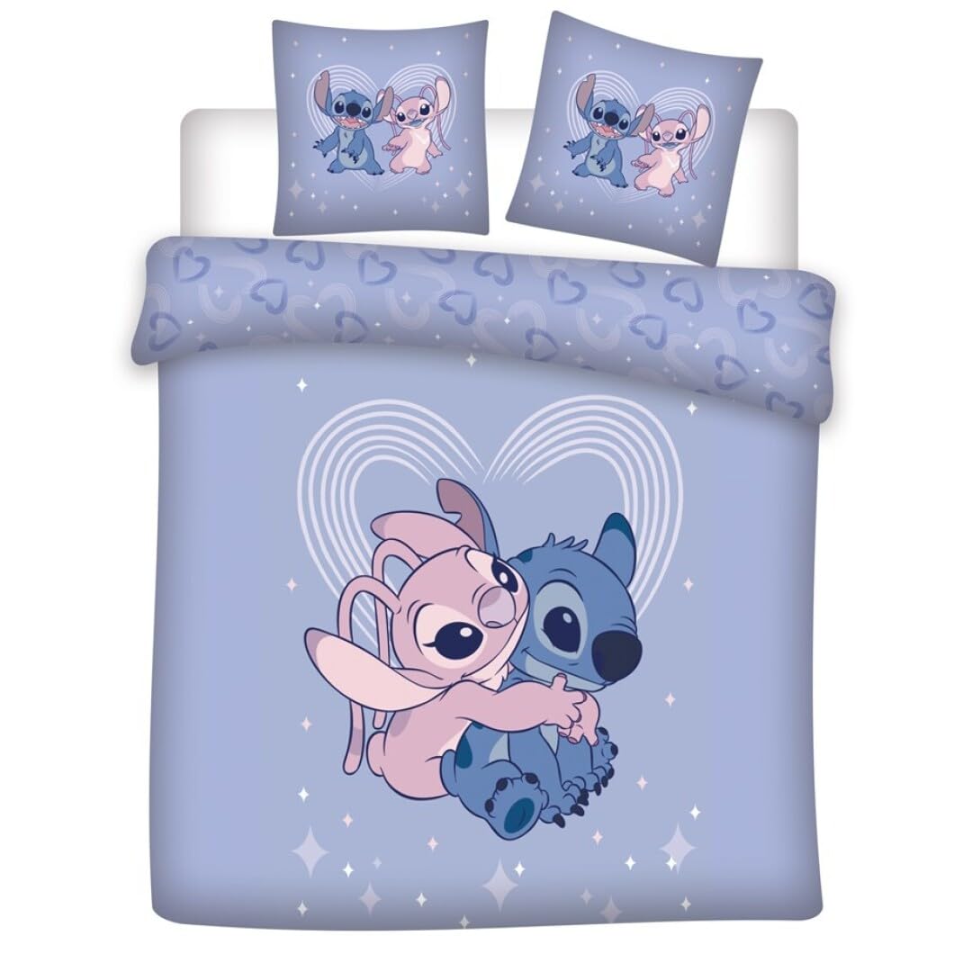 Stitch et Angel Housse de Couette 240x220 + 2 Taies 65x65 Polycoton Cadeau | Parure de lit 2 personnes | Duo Stitch & Angel complice | Séchage rapide facile entretien | St-Valentin | Adulte