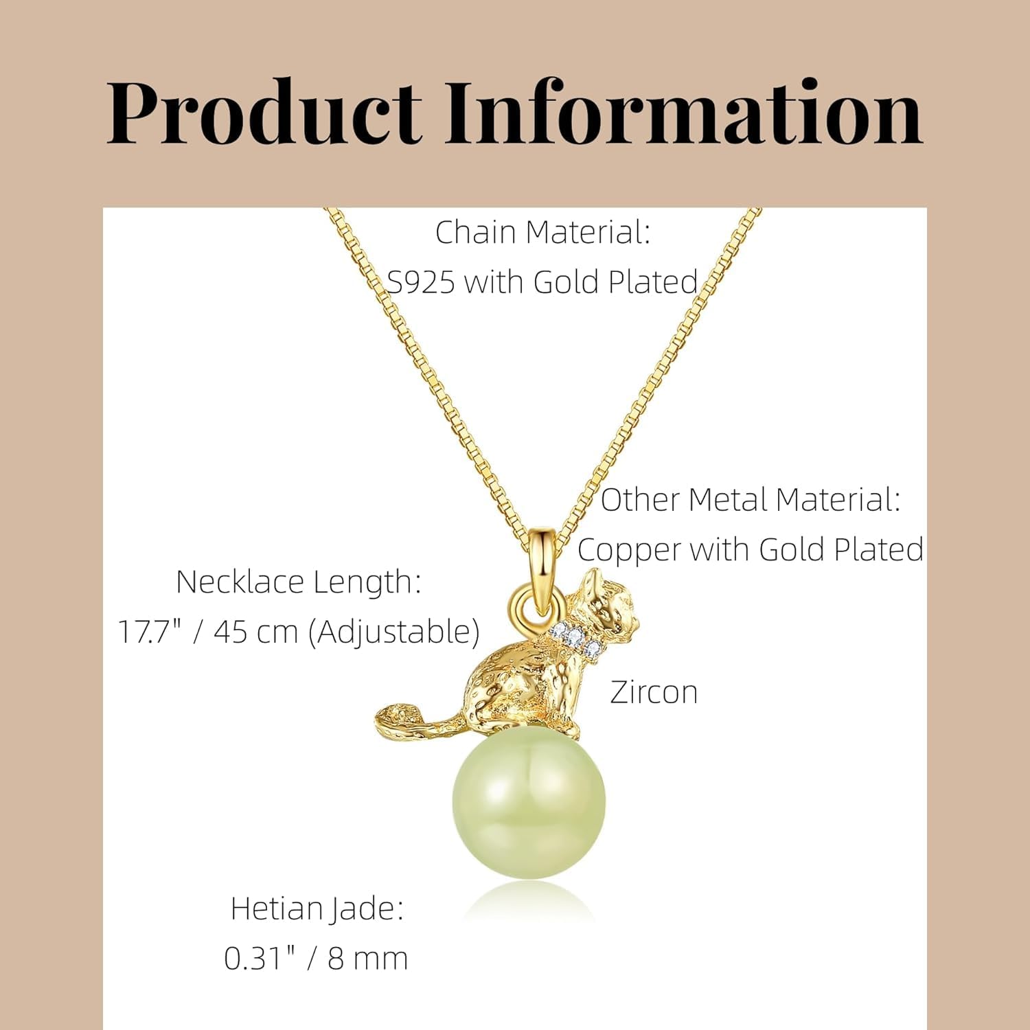 Natural Hetian Jade Necklace for Women, Dainty Green Jade Cat Animal Charm Pendant Adjustable Choker Necklace Jewelry Chain Gift for Mom Lover Her (925 Sterling Silver with Gold Plated) - Image 2