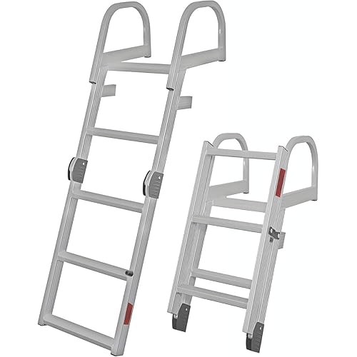 Folding Pontoon Boat Ladder 5 Step - Aluminum Removable Dock Front Ladder with Anti-Slip Treads, Corrosion Resistant for Lake, Marine, Deck, Pier & Swim Platform Boarding, 440 lb Weight Capacity