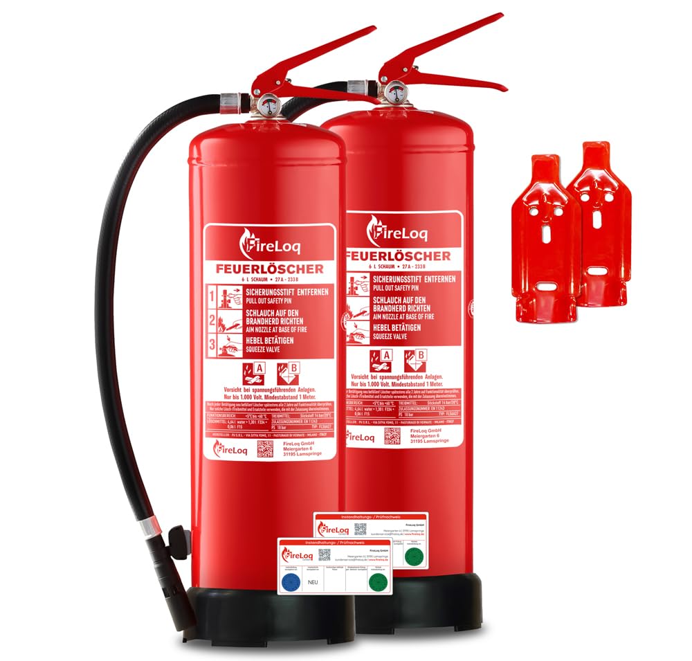 FireLoq 2X 6L Schaumlöscher - FireLoq 6L Schaum Dauerdruck Feuerlöscher mit Prüfnachweis