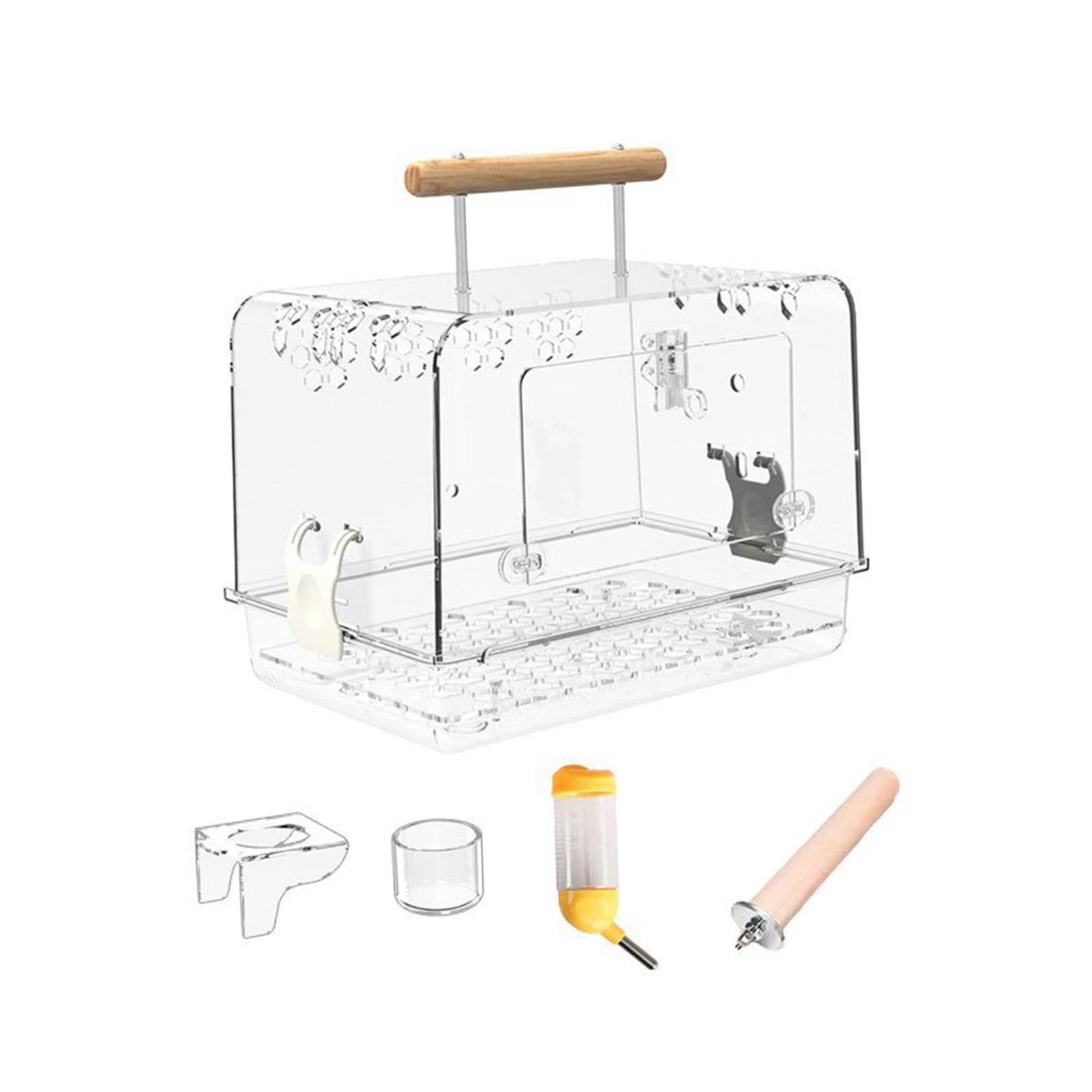 Cage de transport perroquet portable transparente avec perchoir et mangeoire