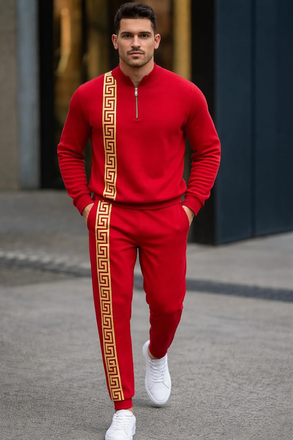 Mens Track Suits 2 Piece Set Jogging Suit Gold Greek Sweatpants Zip Pullover Matching Pants Workout Sweat Pant Set
