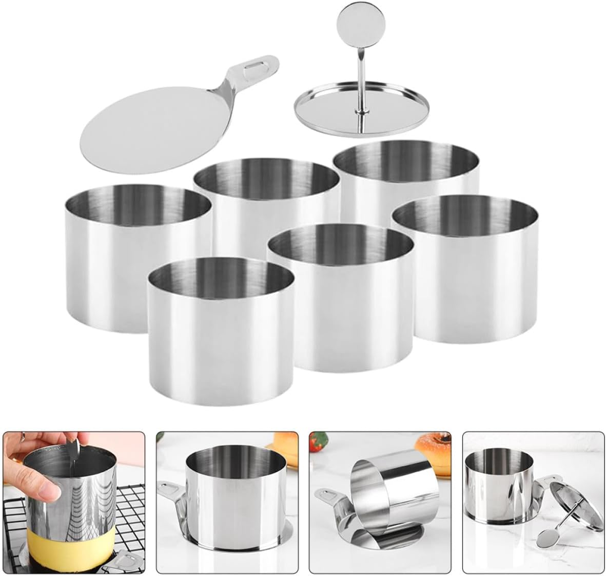 Stainless Steel Cake Mold Ring Set with Pusher Plate, 8pcs Mousse Cake Collar and Biscuit Cutter for Home Baking and Pastry Decoration
