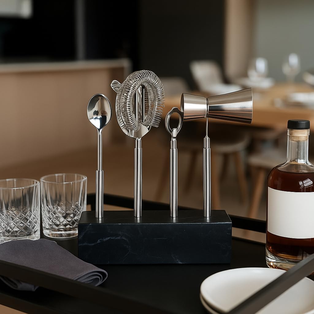Modern Bartender Kit and Cocktail Set with Marble Base for Home Bar - Bar Accessories Tools for Mixology Bartender Kit - Ideal for Dining Room, Kitchen, or Bar Cart - Set of 4, 10", Black & Silver