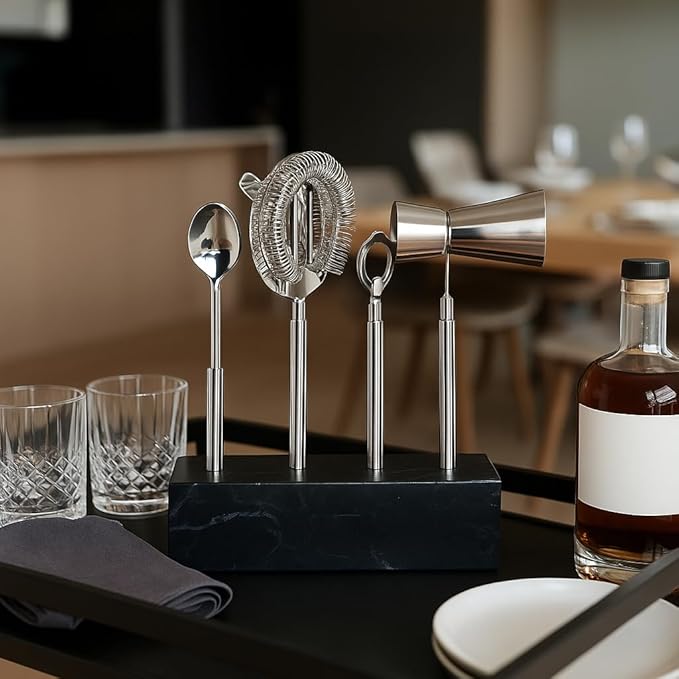 Kit de Bartender Moderno con Base de Mármol - Set de 4 Piezas, Negro y Plateado miniatura 4