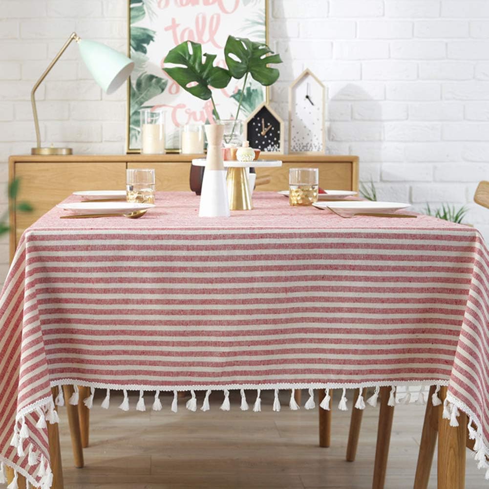 AMZALI Stripe Tassel Tablecloth Cotton Linen Stain Resistant/Dust-Proof Waterproof Table Cover for Kitchen Dinning Tabletop Decoration (Rectangle/Oblong,55 x 98 Inch, Beige)