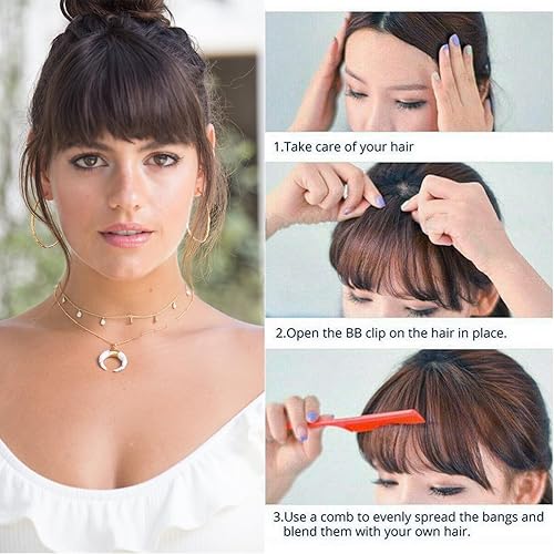 Miniatura 4 de Extensiones de cabello con clip, de fleco francés, natural, con flequillo, lacio, con flecos, con sienes para mujer, uso diario, color marrón oscuro