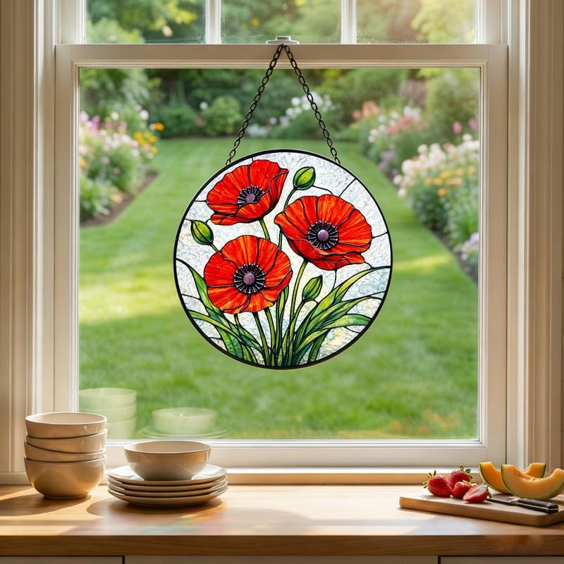 Stained Glass Window Hanging Suncatcher 11.8 in Red Poppy Flower Colorful Glass Panel Sun Catcher for Window， Flower Window Hanging Decor for Home， Housewarming Gift