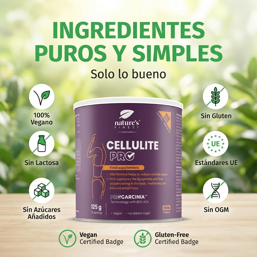 Nature's Finest Cellulite PRO - Quemagrasas y Anticelulitico Reductor Potente - Extracto de Vino Tinto y Garcinia Cambogia - para Adelgazar Rápido y Efectivo Mujer - 100% Natural, Vegano