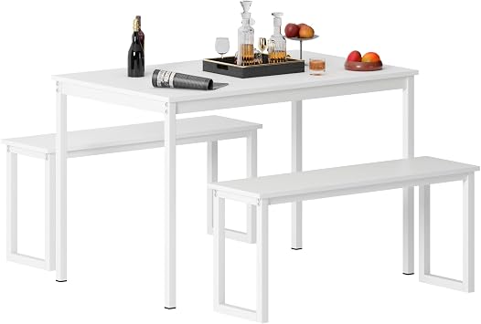 sogesfurniture Kitchen Table Set with 2 Benches, Dining Table Set for 4, 3 Piece Dining Room Set Industrial Style Furniture, Wooden Kitchen and Dining Set, Dining Table with Benches,White