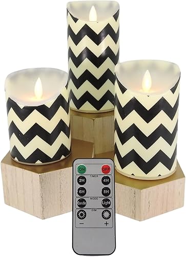 Adventure Brands Juego de tres velas parpadeantes sin llama recubiertas de cera sin perfume con control remoto (cheurón blanco y negro)