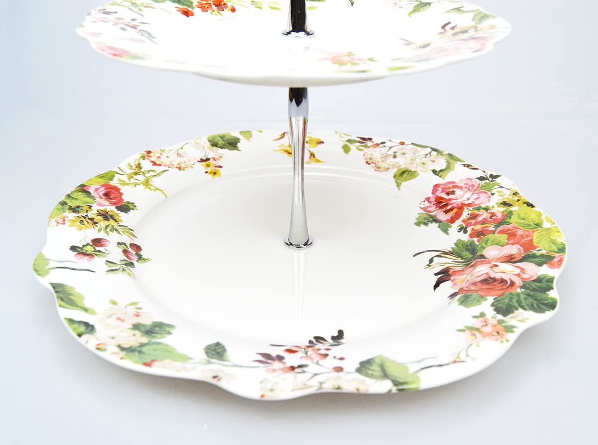 Elegant Flowers - Soporte de porcelana fina de porcelana azul de 2 niveles para tartas/magdalenas/pastelería en una caja