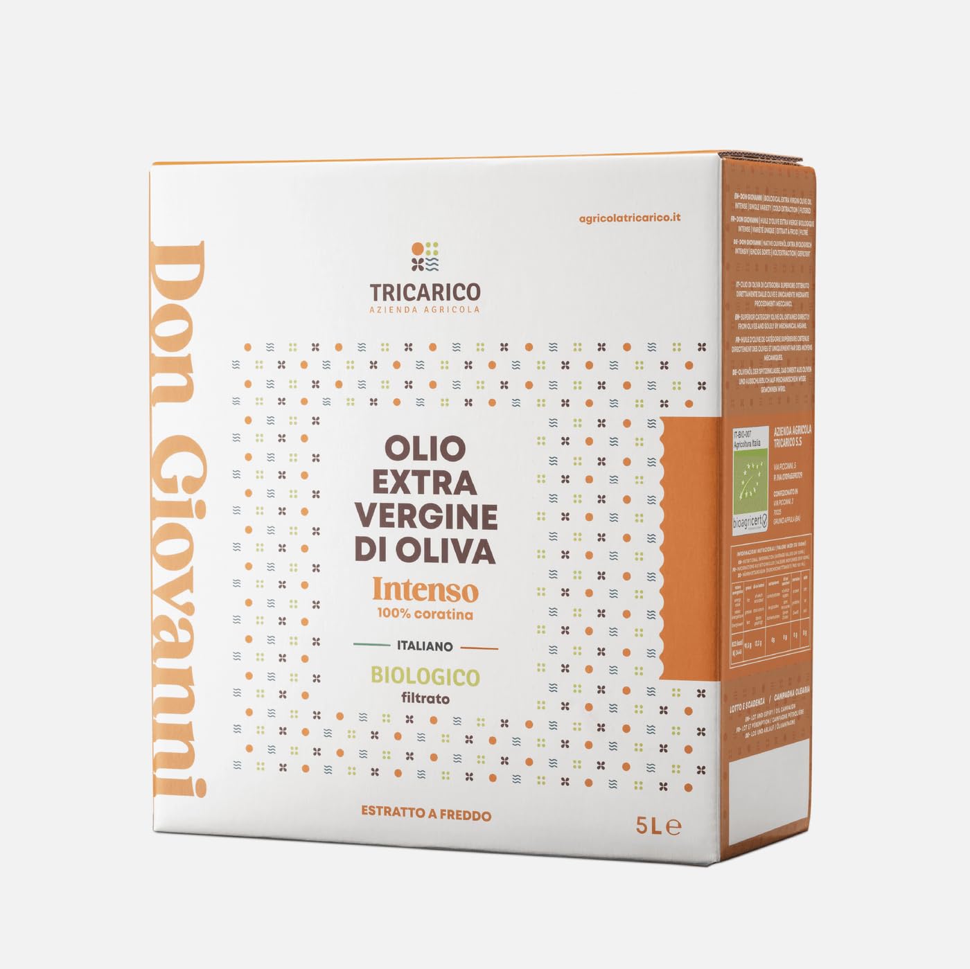 Don Giovanni Bio - 5 L - Nouvelle récolte 2023/2024 - Huile d'olive extra vierge BIO 100% italienne, 100% Coratina, 5 litres, bag-in-box avec robinet doseur - Az. Agr. Tricarico
