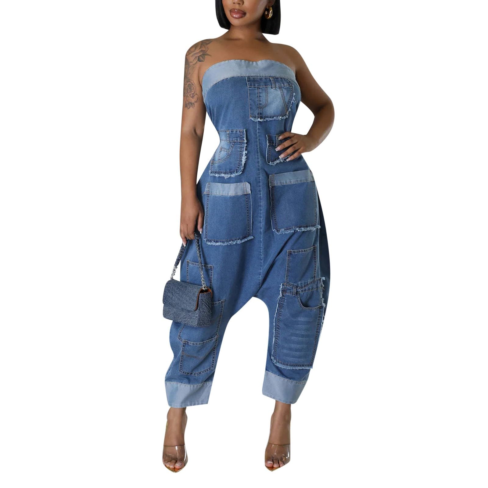 Combinaison en jean pour femme - Sans bretelles - En denim - Avec plusieurs poches - Patchwork stretch - Bandeau - Baggy - Clubwear - Une pièce - Pantalon décontracté