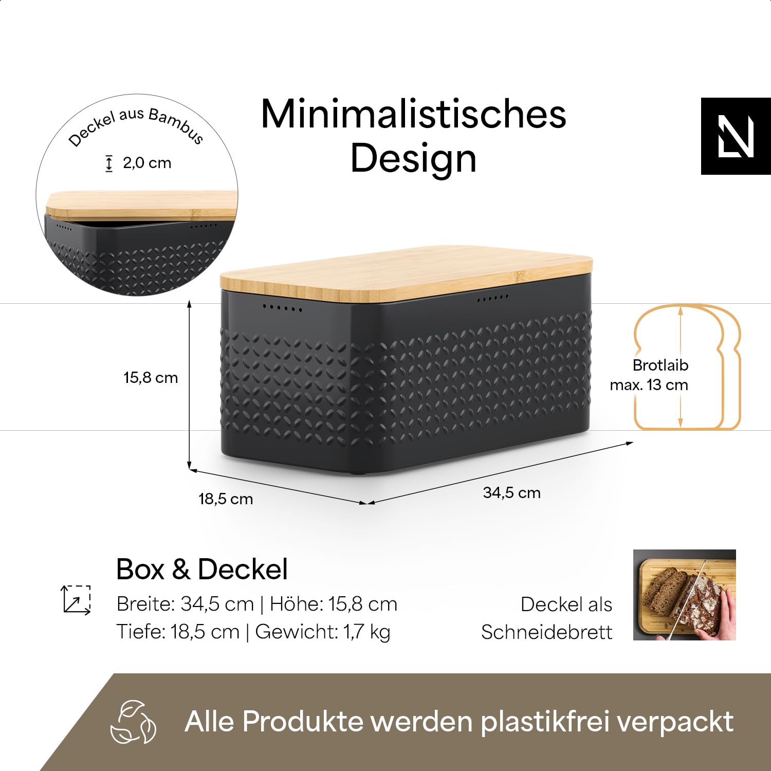 LARS NYSØM Brotkasten aus Metall I Brotbox für langanhaltende Frische mit rutschfesten Noppen I Brotdose mit hochwertigem Bambusdeckel verwendbar als Schneidebrett I 34x19x16cm (Carbon Black)